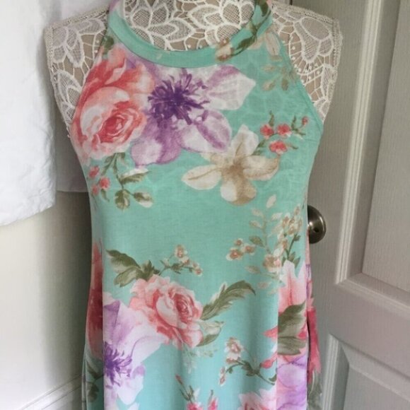 Floral Sleeveless Pockets Mint Green Pink Dress - Picture 2 of 6